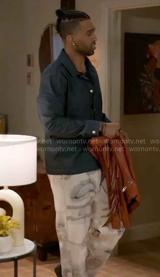 Izaiah's denim shirt jacket and printed pants on Beyond the Gates