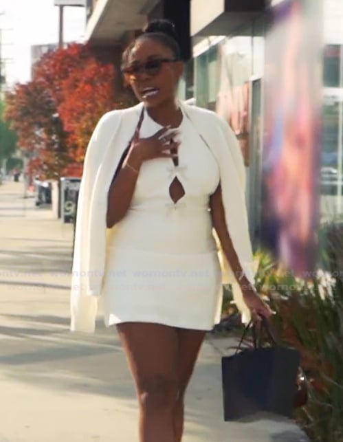 Jasmine's white bow front mini dress on The Valley