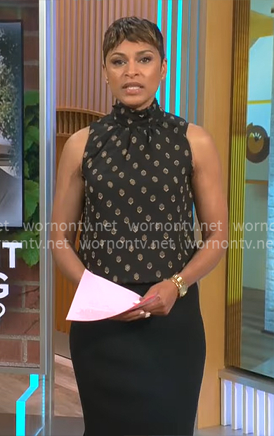 Jericka Duncan's black dotted print top on CBS Mornings