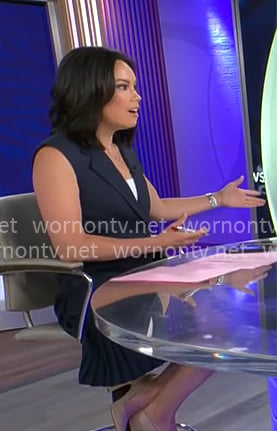Jo Ling Kent's navy pleated blazer dress on CBS Mornings