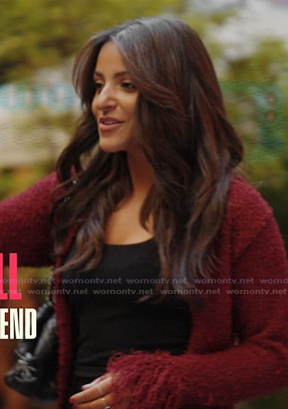 Kendall's maroon feather cardigan on Next Gen NYC