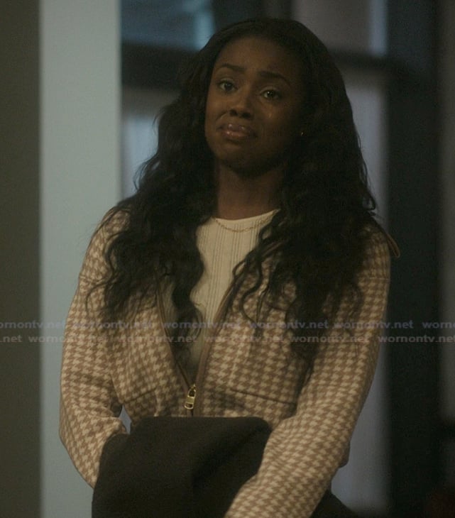 Kiesha's houndstooth zip jacket on The Chi