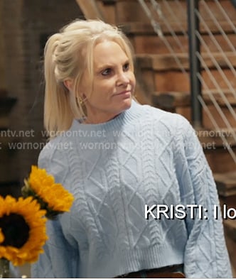 Kristi's blue cable knit cropped sweater on The McBee Dynasty Real American Cowboys