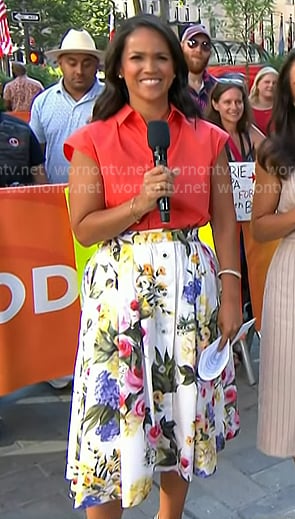 Laura's orange cap sleeve shirt and floral skirt on Today