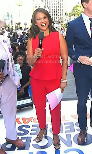 Laura's red sleeveless peplum top and pants on Today