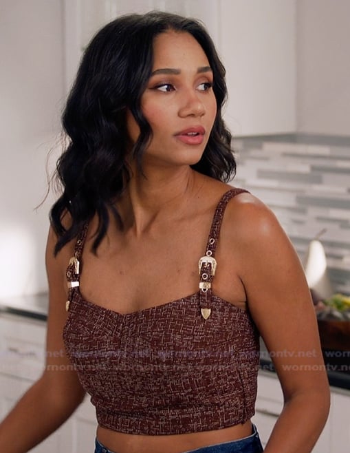 Layla's brown tweed crop top on All American