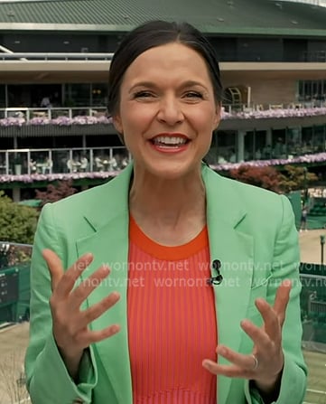 Maggie's red ribbed dress and light green blazer on Good Morning America