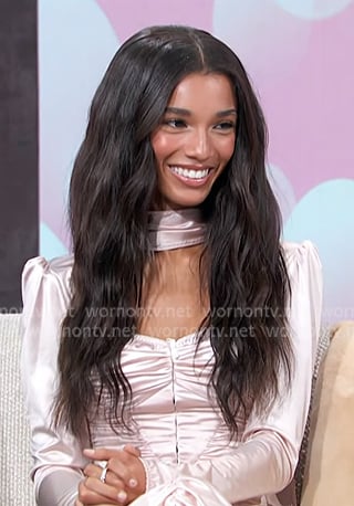 Malia Baker's pink ruched corset top and skirt on Access Hollywood