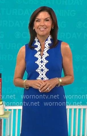 Meg Oliver's blue dress with white embroidery on CBS Mornings