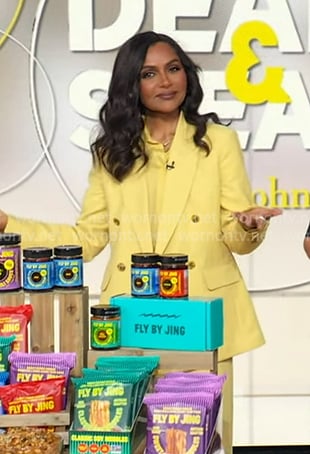 Mindy Kaling's yellow double breasted blazer and pants on Good Morning America