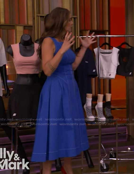 Monica's blue contrast stitch dress on Live with Kelly and Mark