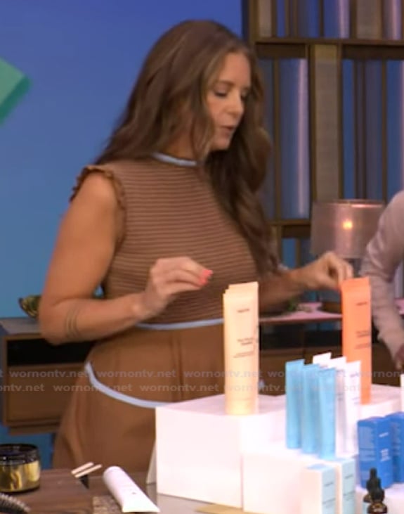 Monica's brown contrast smocked dress on Live with Kelly and Mark