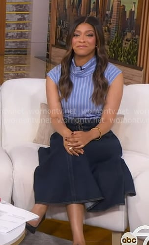 Morgan's blue striped top and lace-up denim skirt on Good Morning America