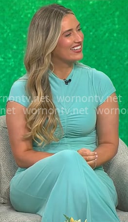 Poppy Miller's aqua blue ruched dress on CBS Mornings