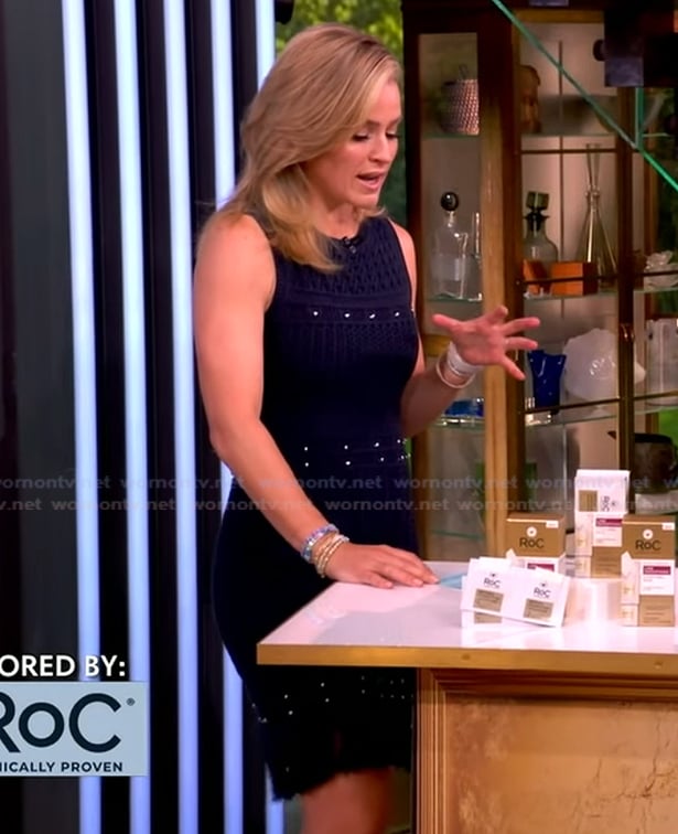 Sara's navy crochet knit embellished dress on The View