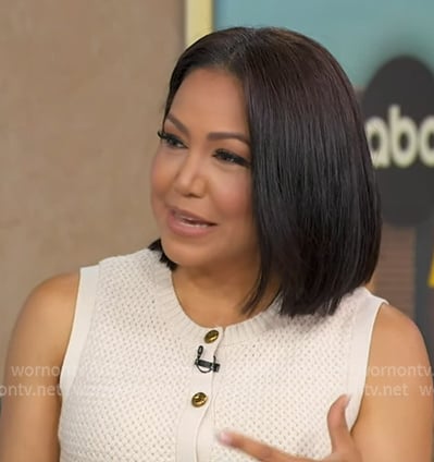Stephanie's white knit button front top on Good Morning America