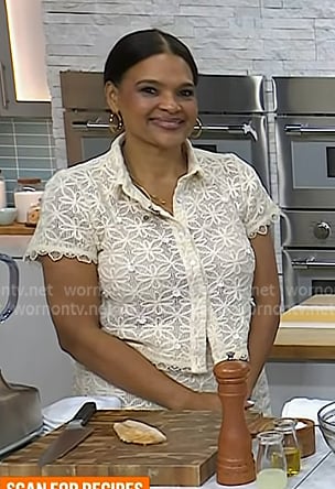 Suzanne Rousseau's ivory floral embroidered shirt and pants on Today