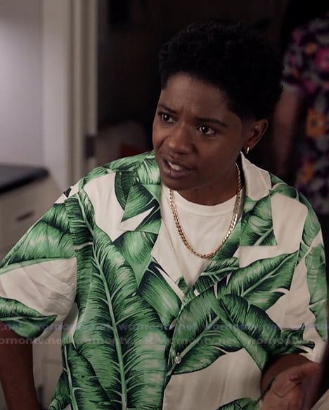 Tamia's palm leaf print shirt on All American