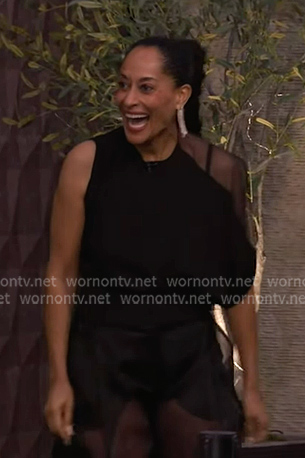 Tracee Ellis Ross's black asymmetric top and organza pants on Live with Kelly and Mark