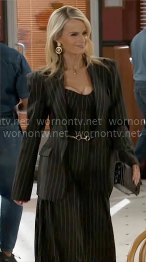 Vanessa's pinstripe bustier top, oversized blazer and wide leg pants on Beyond the Gates