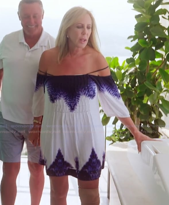 Vicki's tie dye off shoulder dress on The Real Housewives of Orange County