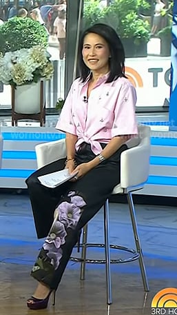 Vicky's pink embellished shirt and black floral pants on Today