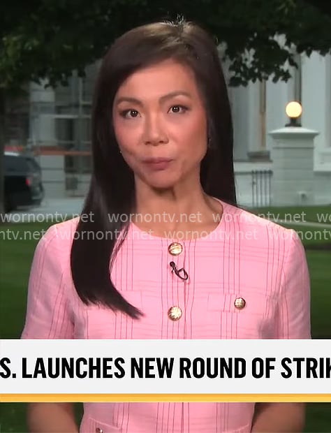 Weijia Jiang's pink plaid jacket on CBS Mornings