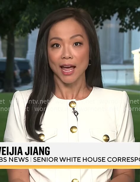 Weijia Jiang's white short-sleeved jacket with gold buttons on CBS Mornings
