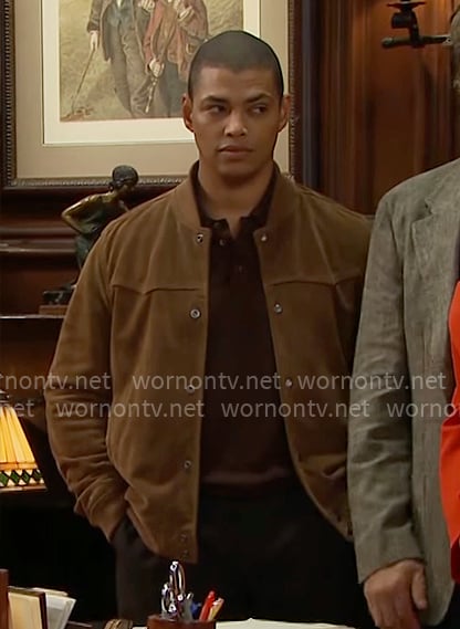 Zende's brown suede bomber jacket on The Bold and the Beautiful