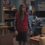 Amy’s red vest over a plaid shirt on The Big Bang Theory