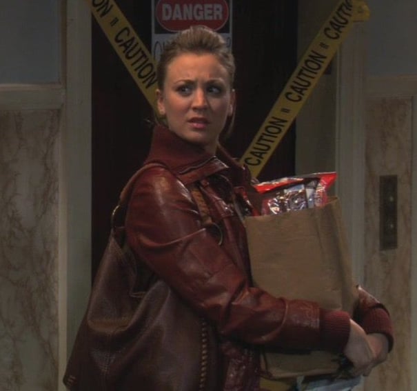 Penny’s brown leather jacket and bag on The Big Bang Theory