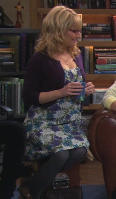 Bernadette’s purple flower dress with grey tights on The Big Bang Theory