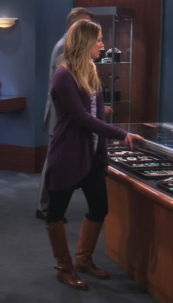 Penny’s purple cardigan and brown boots on The Big Bang Theory