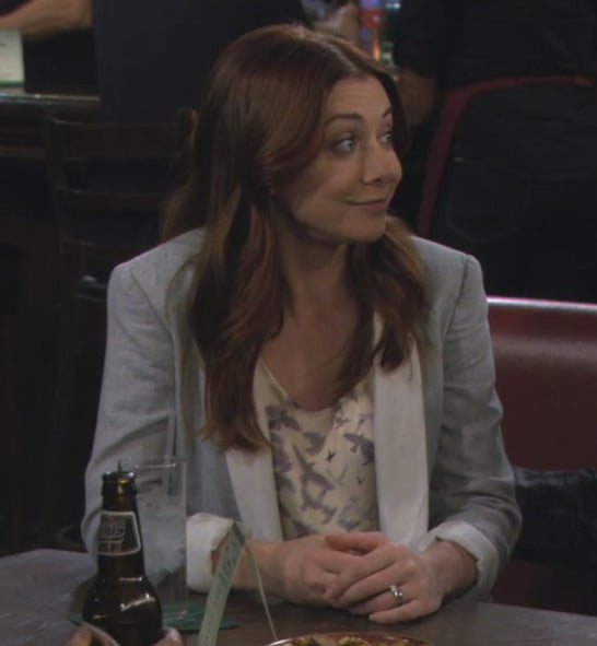 Lily’s grey jacket and bird print top on How I met your mother