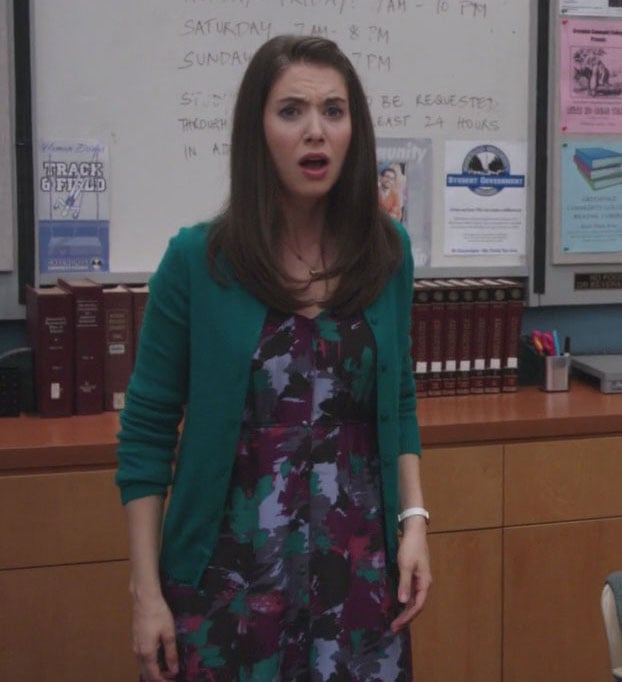 Annie’s green cardigan and patterned dress from Community