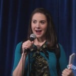 Annie’s peacock feather print blouse with green cardigan on Community