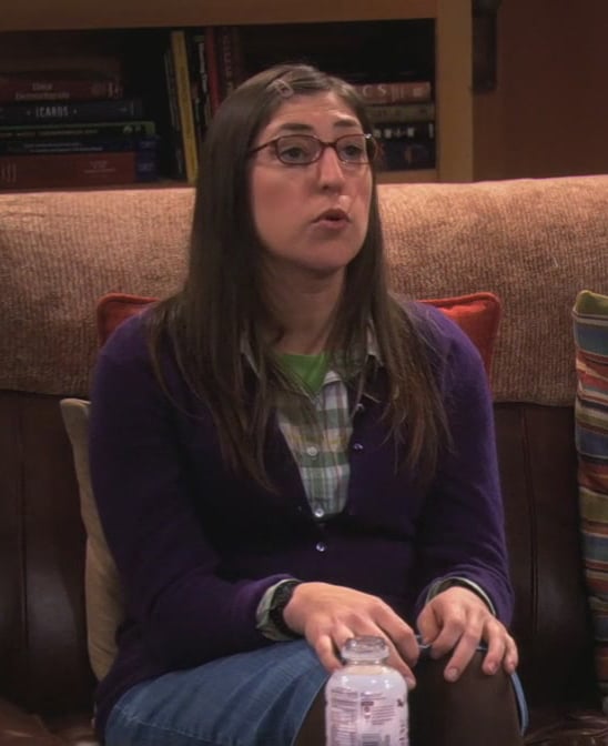 Amy’s purple cardigan and denim skirt from The Big Bang Theory
