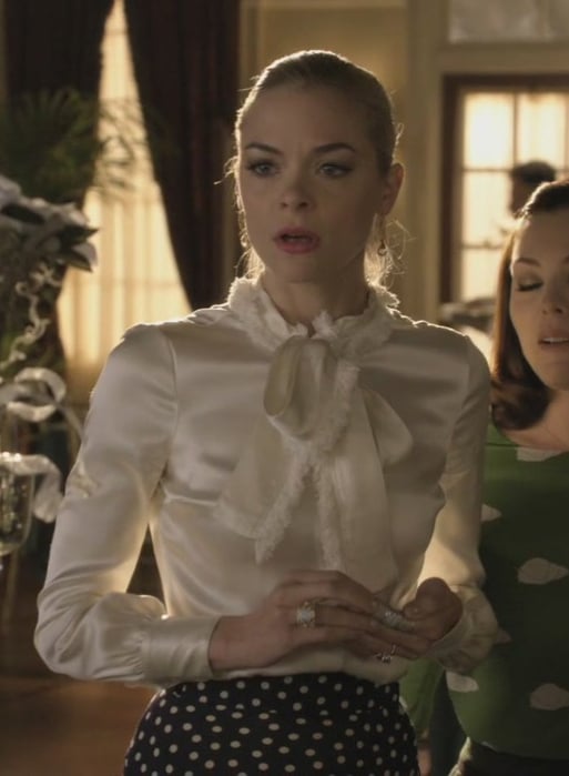 Lemon’s silky white blouse with fur lined bow and polka dot skirt  on Hart of Dixie