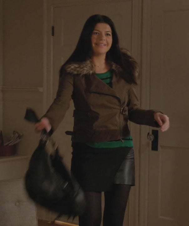 Penny’s green striped top and brown jacket on Happy Endings