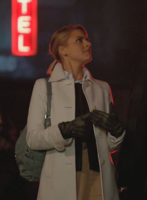 Jane’s white coat with blue bag and black leather gloves on Happy Endings