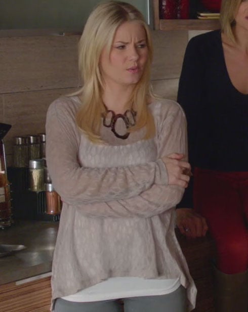 Alex’s sheer top and oval necklace on Happy Endings