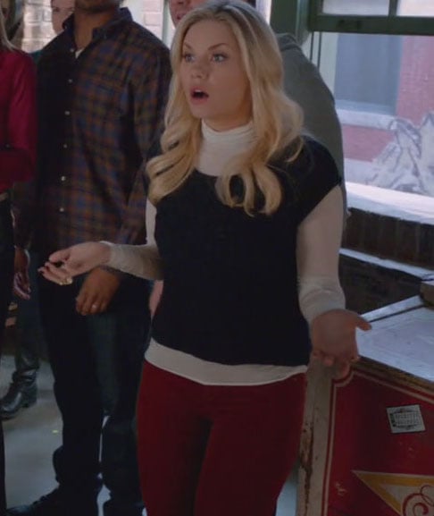 Alex’s red pants with white turtleneck top