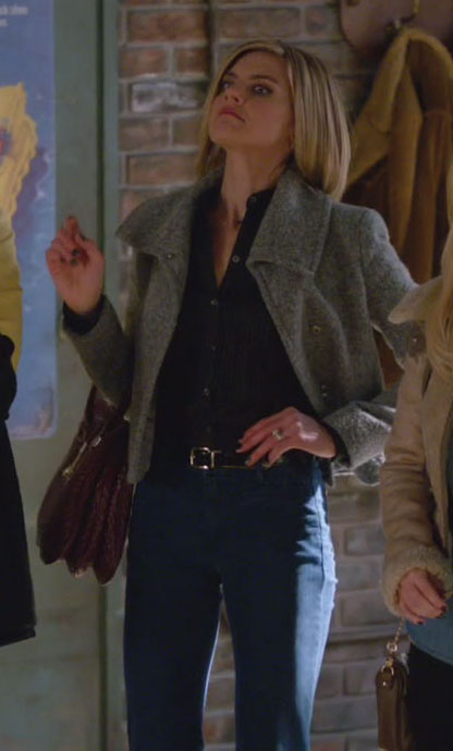 Jane’s grey coat and burgundy handbag on Happy Endings
