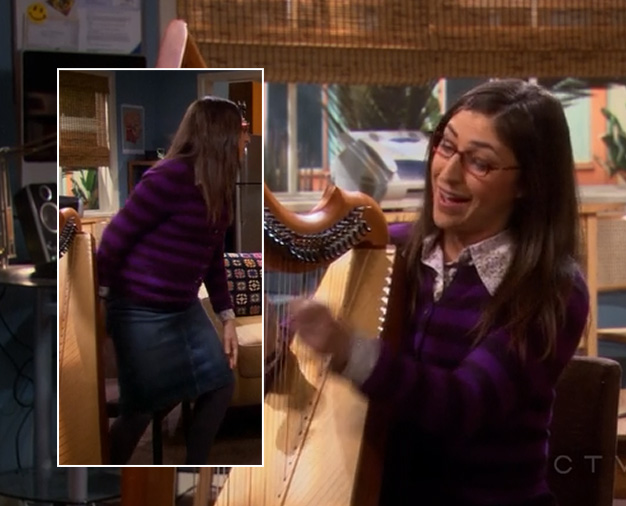 Amy’s purple striped cardigan and denim skirt on The Big Bang Theory