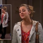 Penny’s brown studded handbag and cream coat on The Big Bang Theory