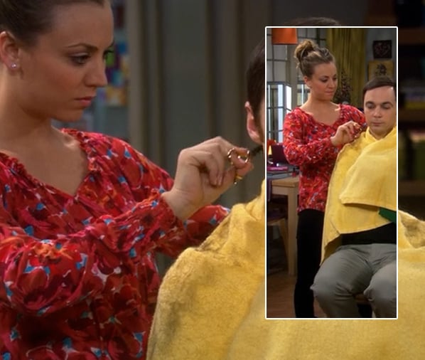 Penny’s red patterned long sleeve top on The Big Bang Theory