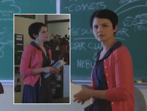 Mary’s coral cardigan over polka dot shirtdress on Once Upon a Time