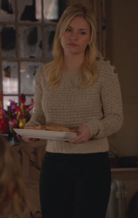 Alex’s light brown sweater with wood buttons on Happy Endings