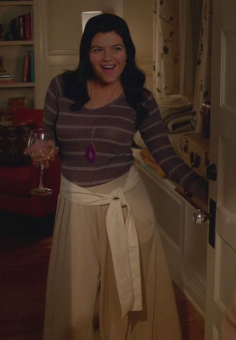 Penny’s cream maxi skirt and striped top on Happy Endings