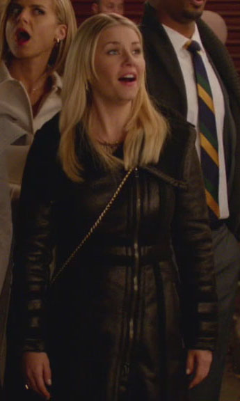 Alex’s long black leather style jacket on Happy Endings